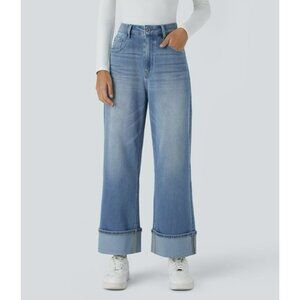 Halara Flex High Waisted Pockets Rolled Hem Wide Leg Washed Casual Jeans Size PM